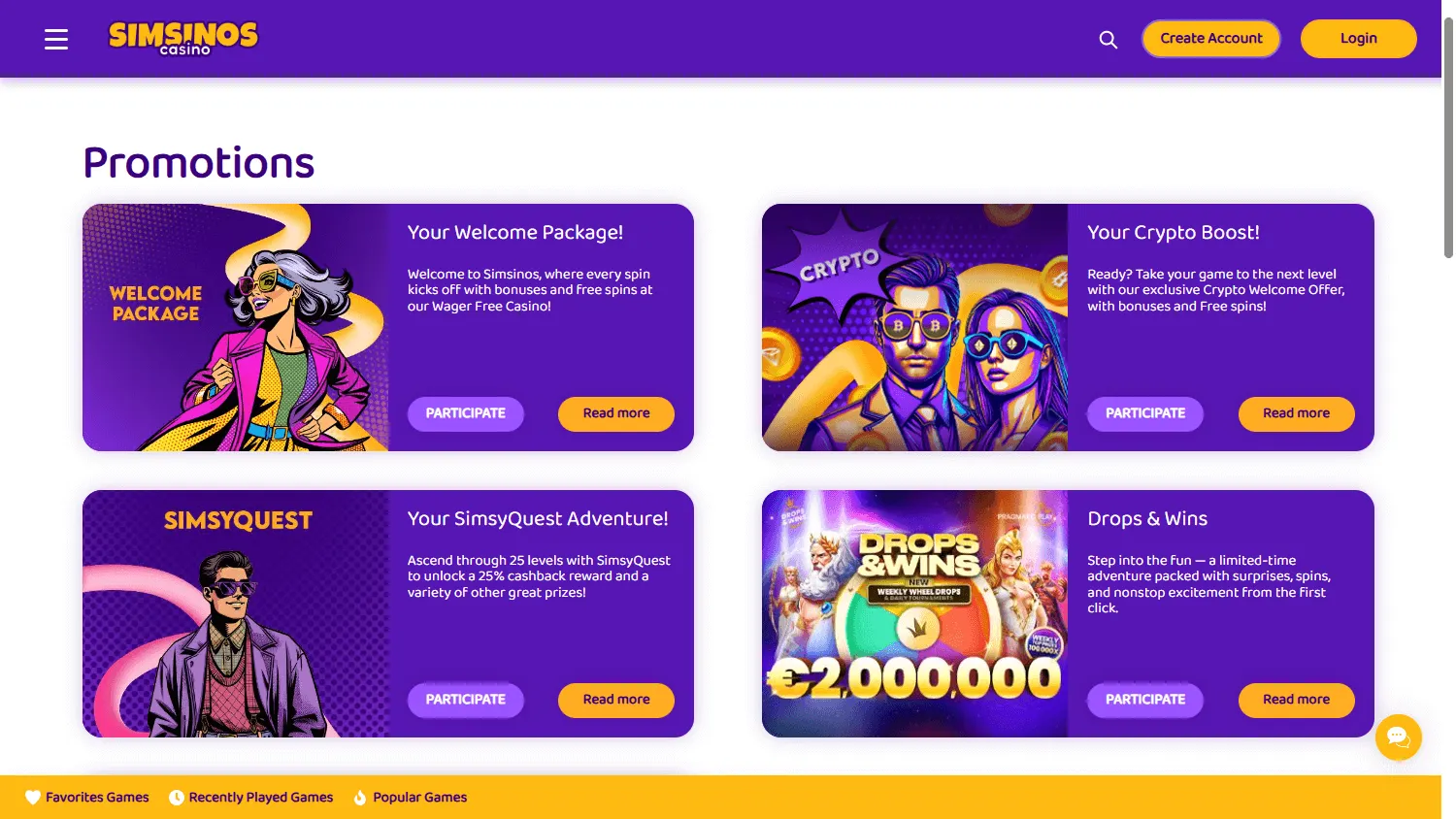 Simsinos Casino desktop promotions screen