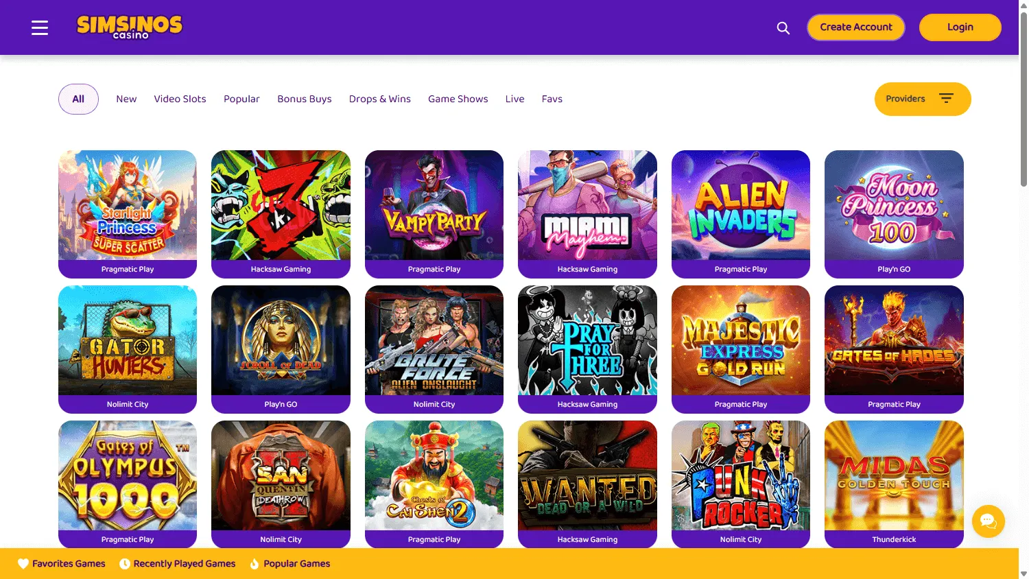 Simsinos Casino desktop games screen