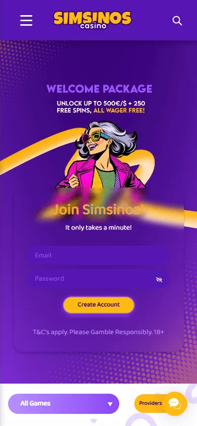 Simsinos Casino mobile home screen