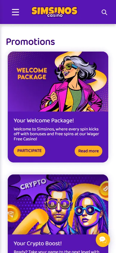 Simsinos Casino mobile promotions screen