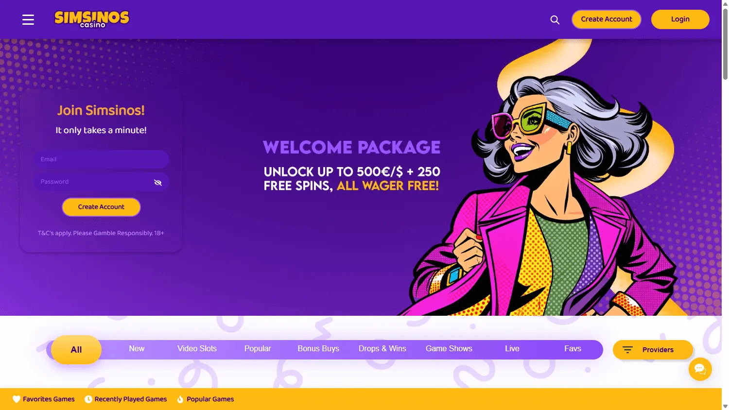 Simsinos Casino desktop home screen