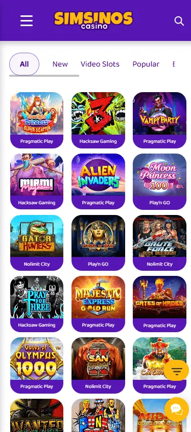 Simsinos Casino mobile games screen